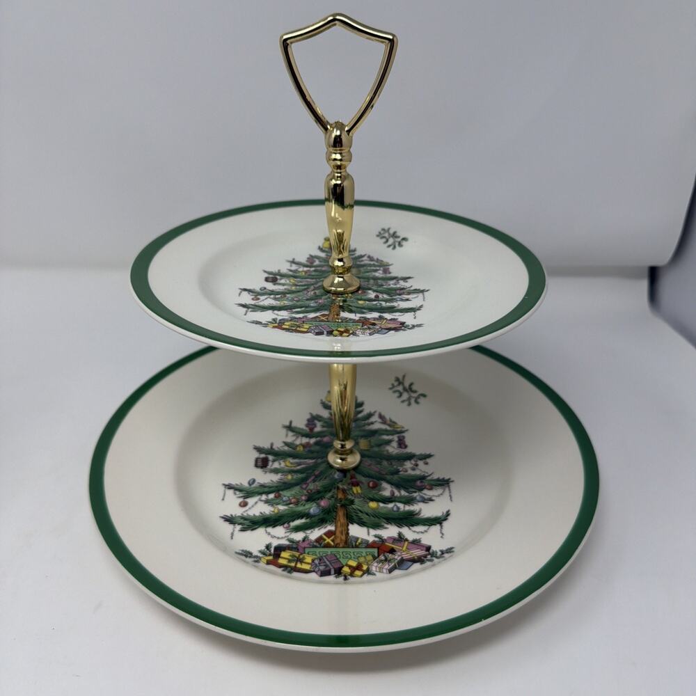 Vintage Spode Christmas Tree 2-Tiered Serving Plate Tray Made In England